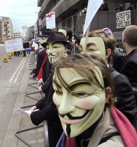 London April 12, 2008. The group Anonymous protested the Church of Scientology in response to the Church forcing YouTube to pull a video of Tom Cruise discussing Scientology that was meant for internal use within the Church